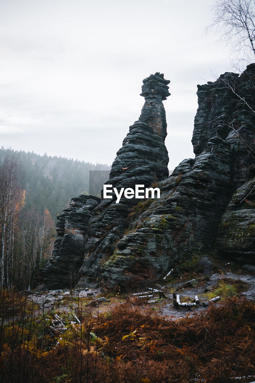 low angle view of rock formations