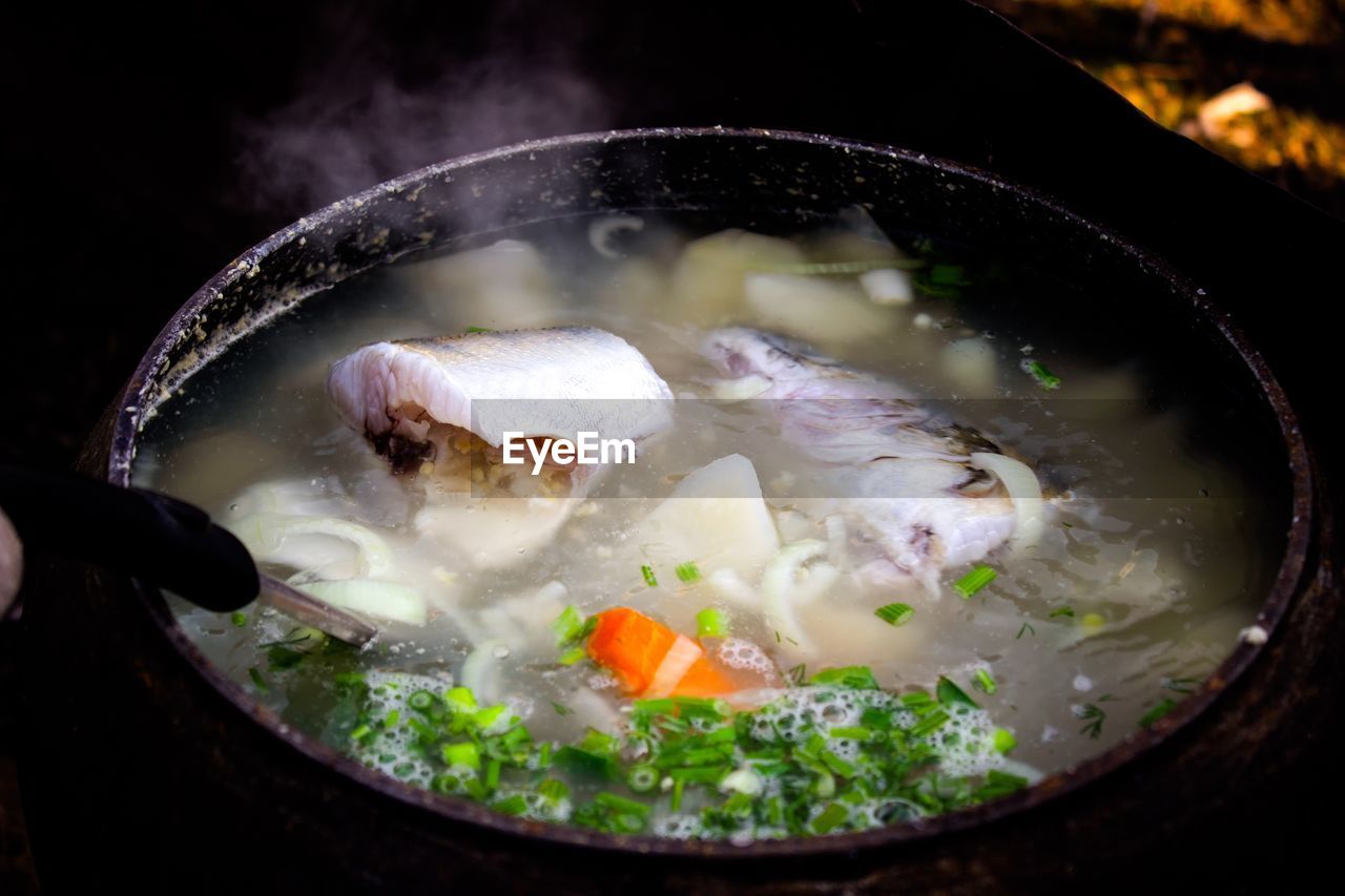 High angle view of fish in cooking pan