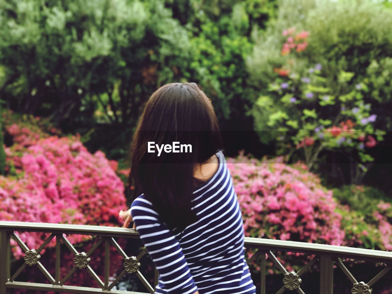 Rear view of woman standing against plants
