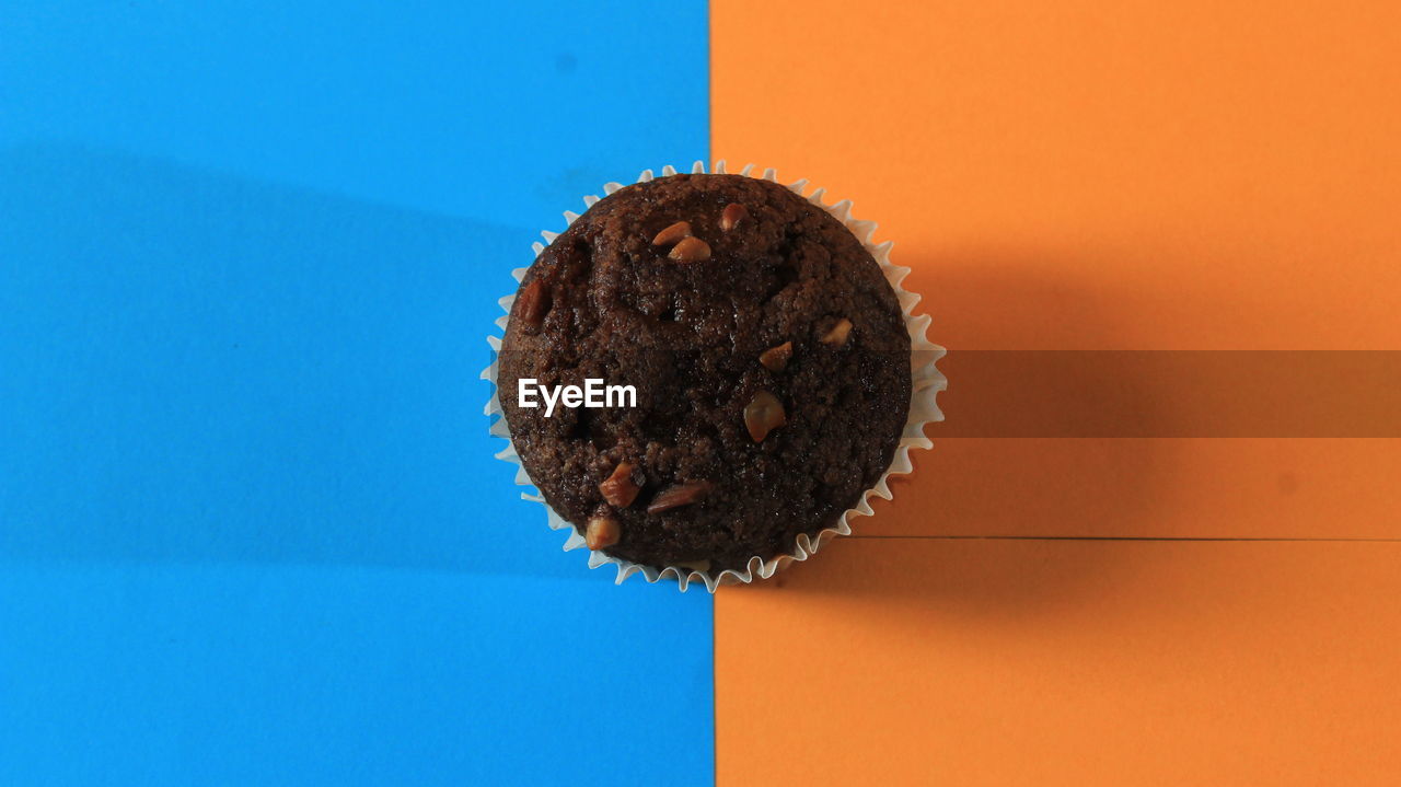 Chocolate muffin isolated on color background. delicious chocolate muffin with nuts.