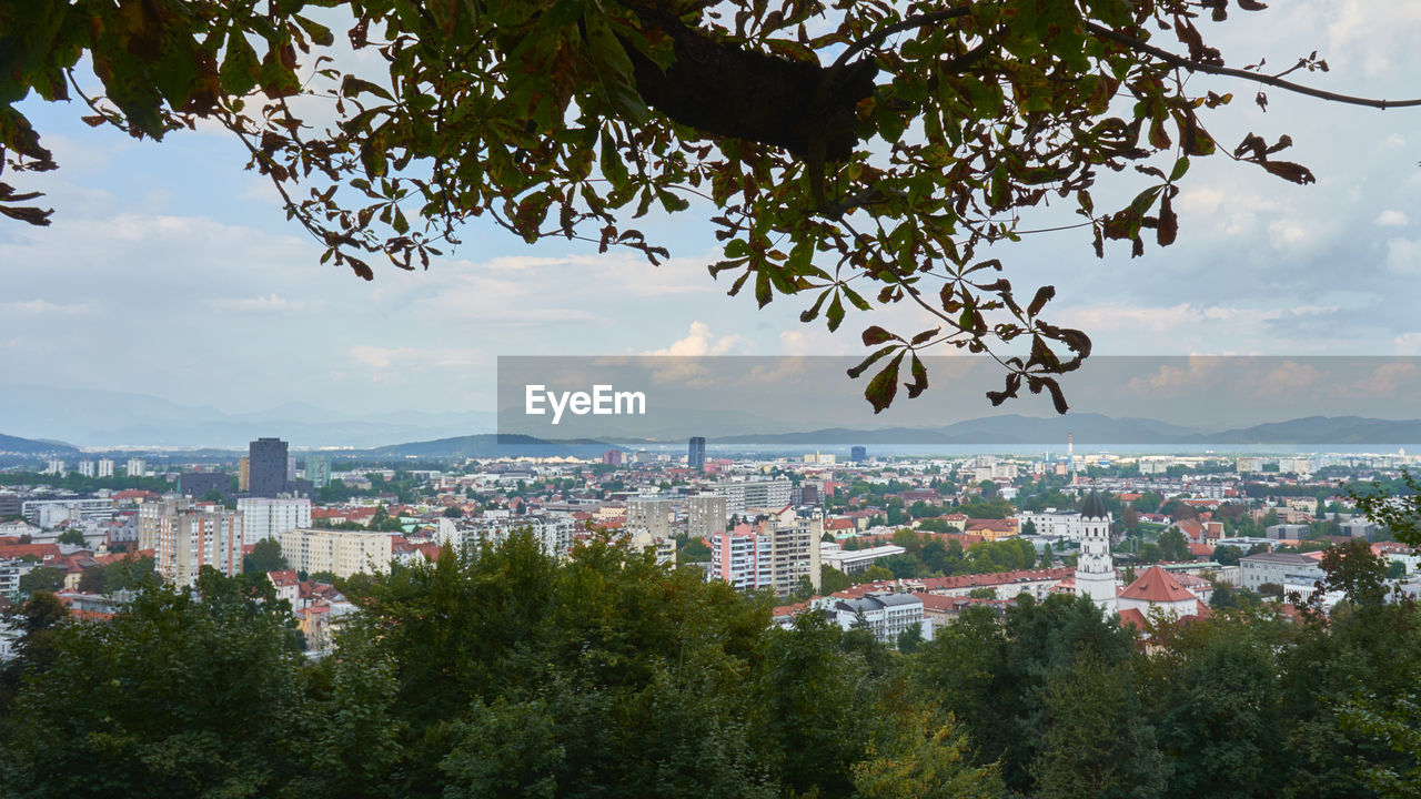 Aerial view of townscape against sky