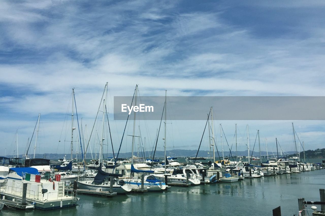 Sailboats moored at harbor against sky