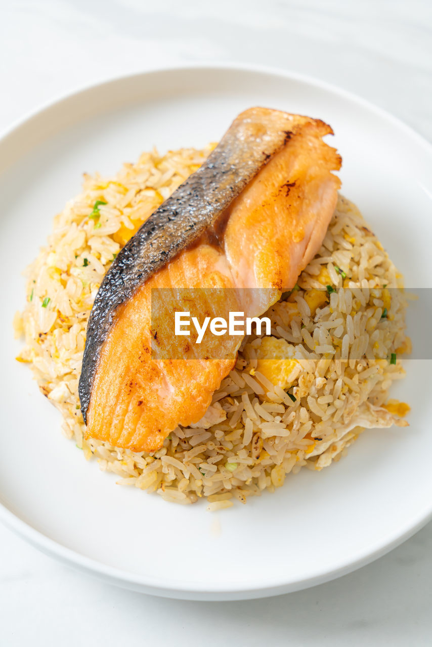 food and drink, food, plate, healthy eating, fish, wellbeing, freshness, dish, meal, vegetable, no people, produce, seafood, studio shot, cuisine, rice - food staple, indoors, high angle view, meat, fried, dinner, close-up, fried rice