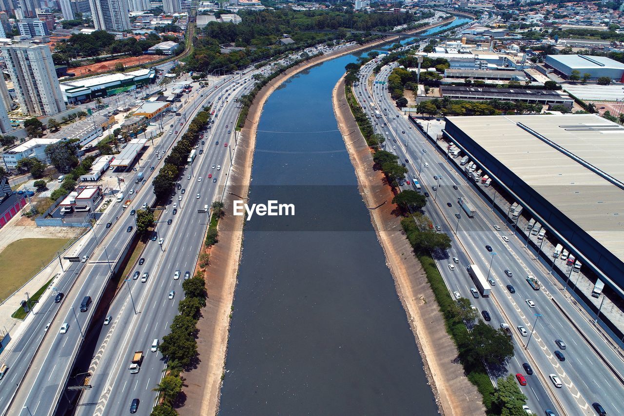 High angle view of cars on street in city