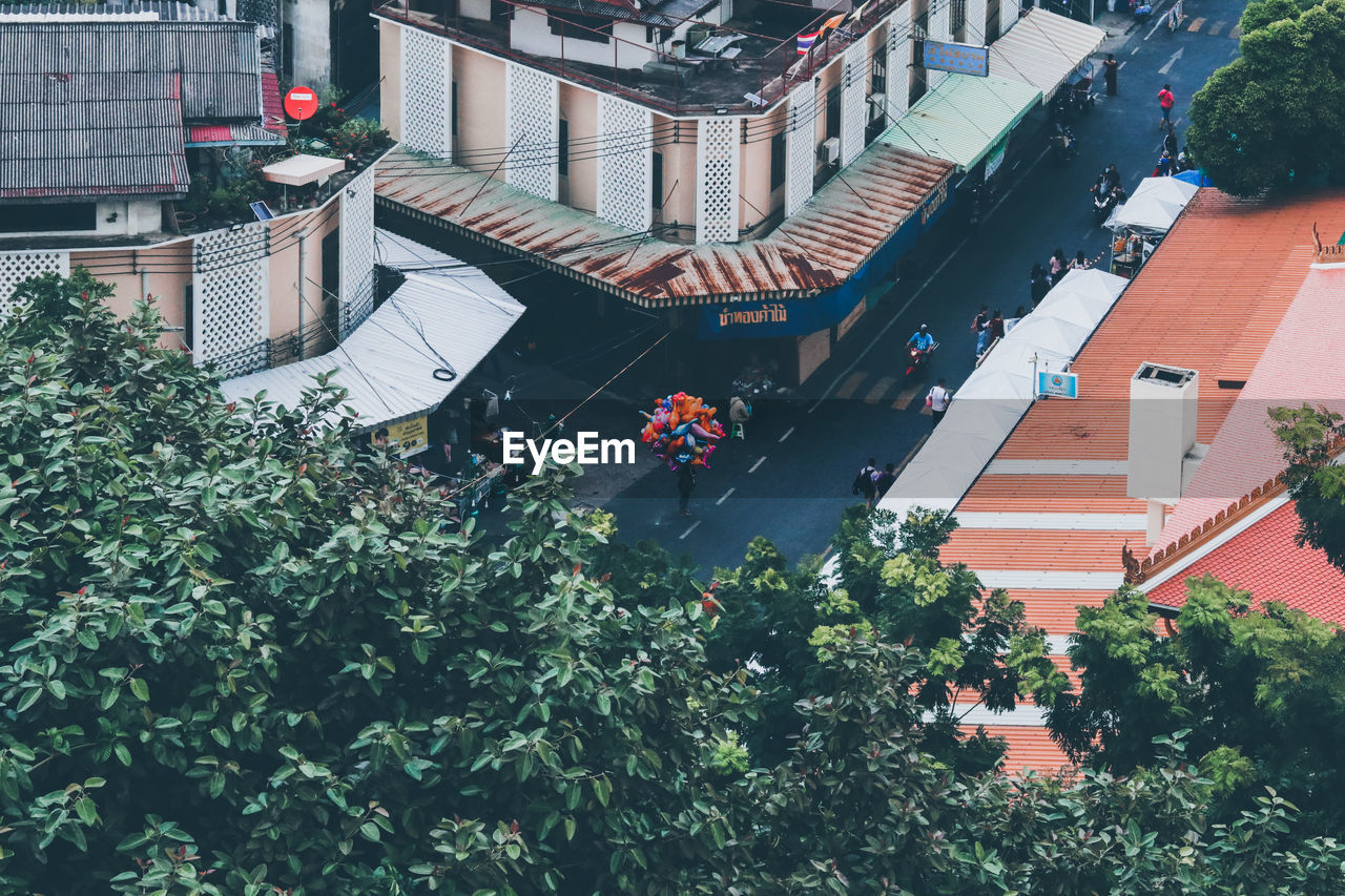 High angle view of trees and buildings in city