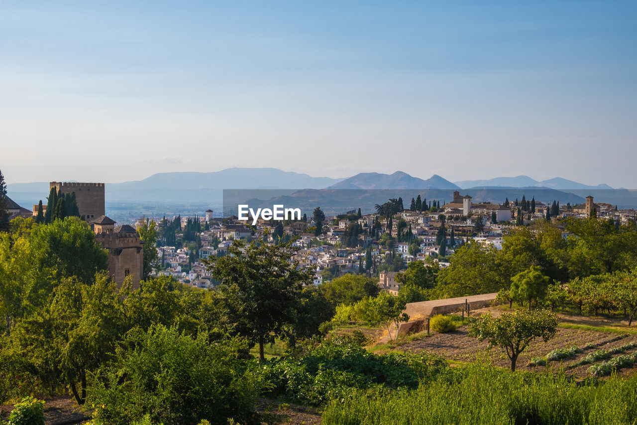 High angle view of townscape against clear sky