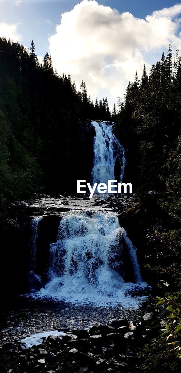 WATERFALL IN FOREST AGAINST SKY