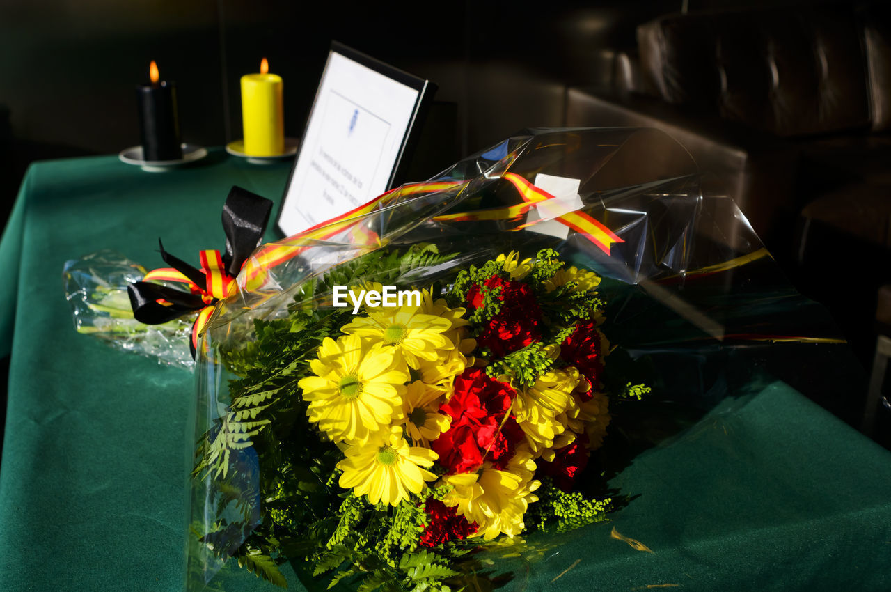 Flower bouquet on table at embassy building