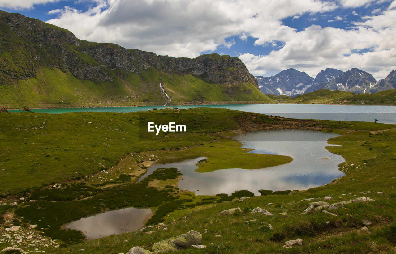 Panoramic view of castel or kastel lake with emerald colors in the piedmont alps, val formazza italy