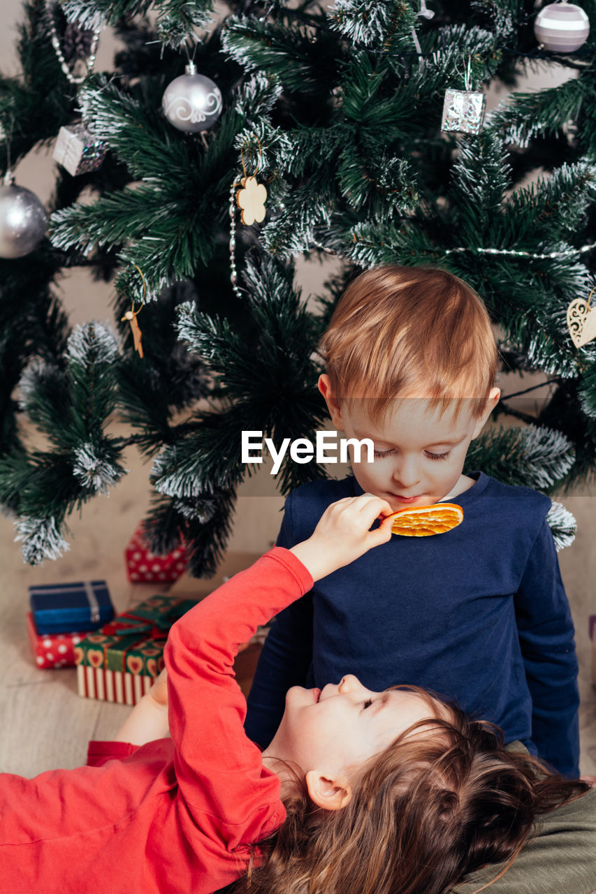 Happy cheerful children under the christmas tree. the girl shows the boy a christmas decoration