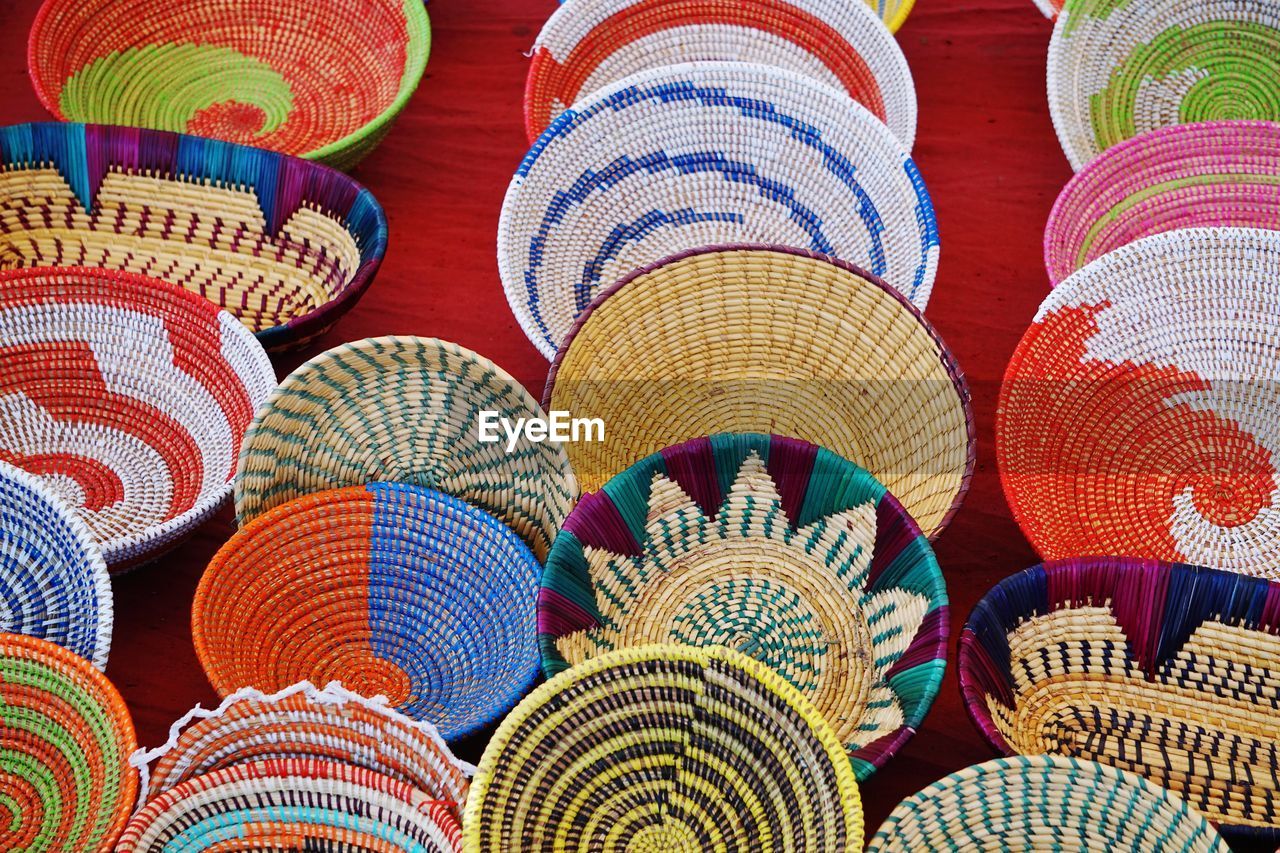 Full frame shot of multi colored baskets for sale at market