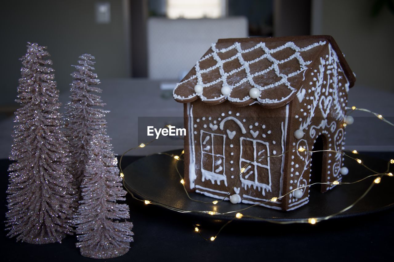 Close-up of model house on table