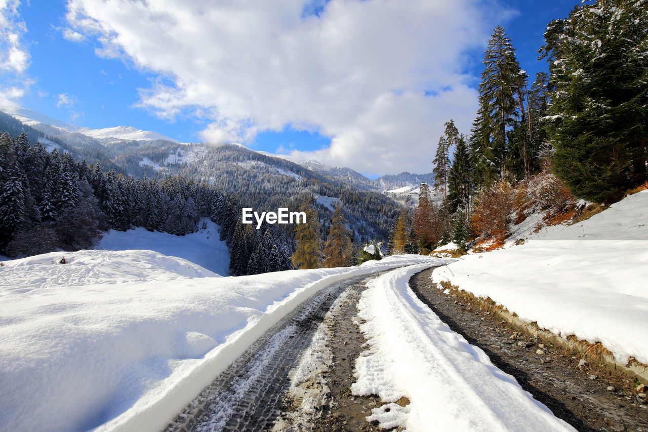 Snow covered landscape against sky