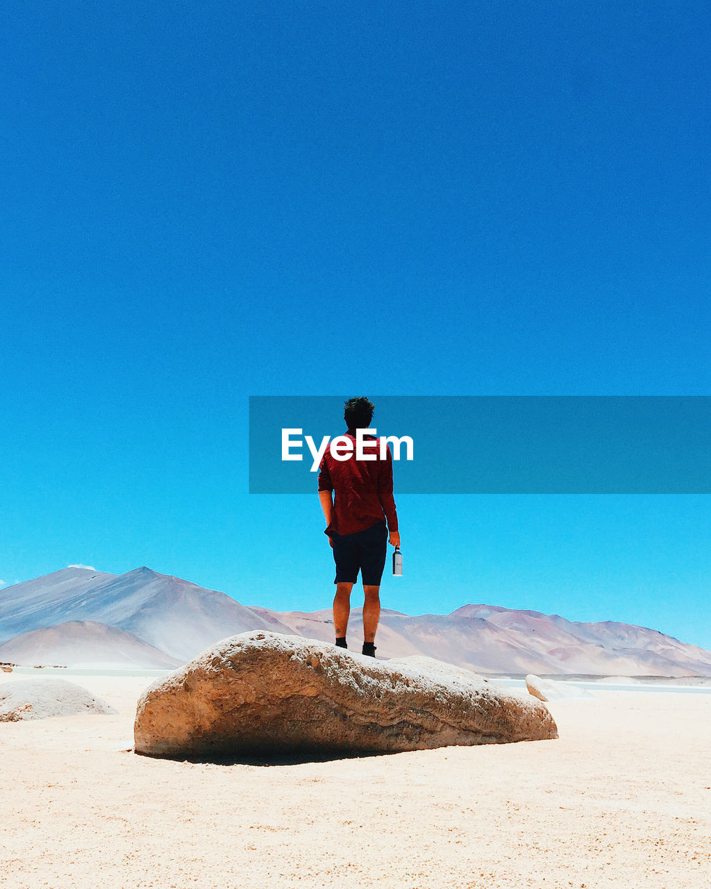 Rear view of person standing on rock formation against clear sky