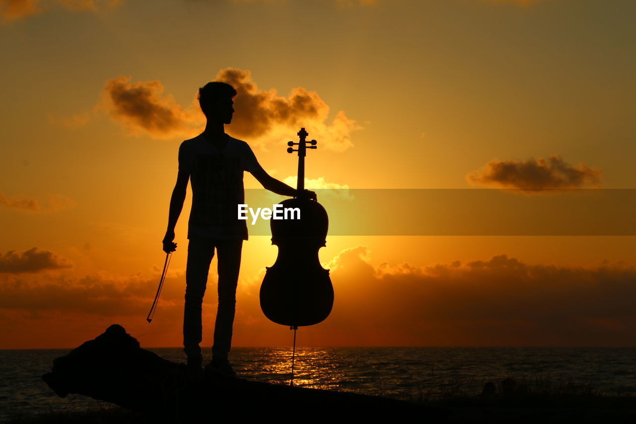 Silhouette man holding violin while standing on wood at beach against sky during sunset