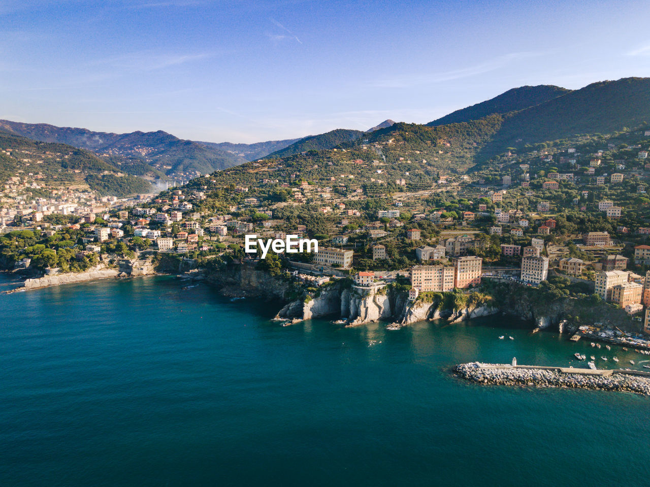 Aerial view of italian coastline.  camogli city. next to the big cliffs. liguria coast.