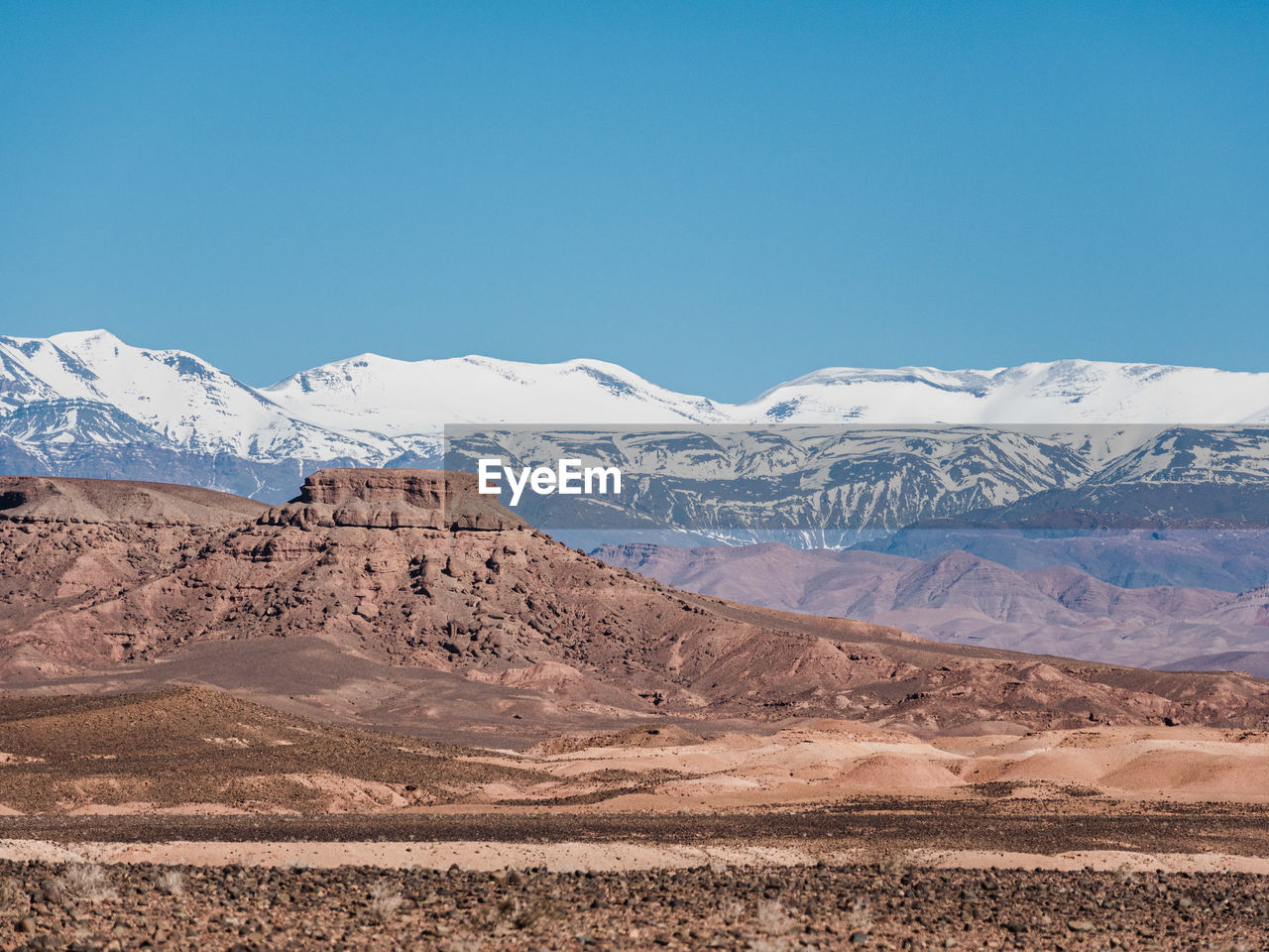 Scenic view of snowcapped mountains against clear blue sky