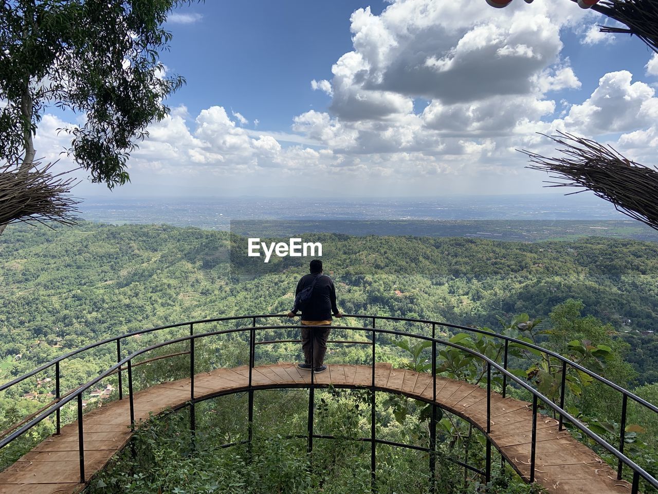 Rear view of man looking at landscape against sky