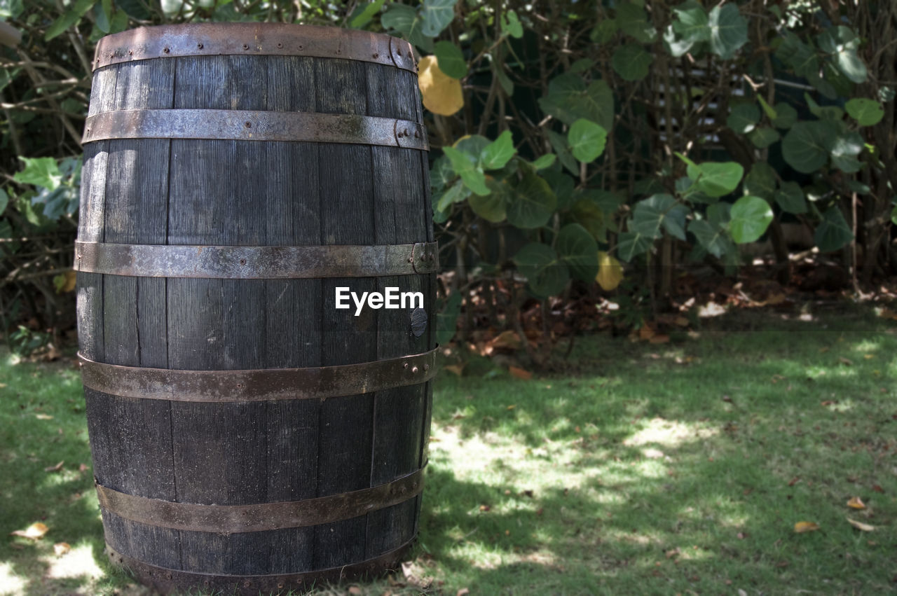 Close-up of barrel on grassy field