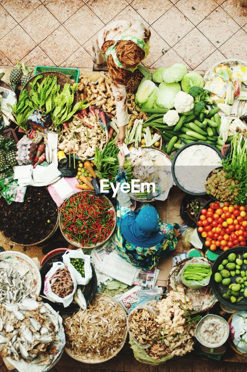 High angle view of various vegetables on display at market