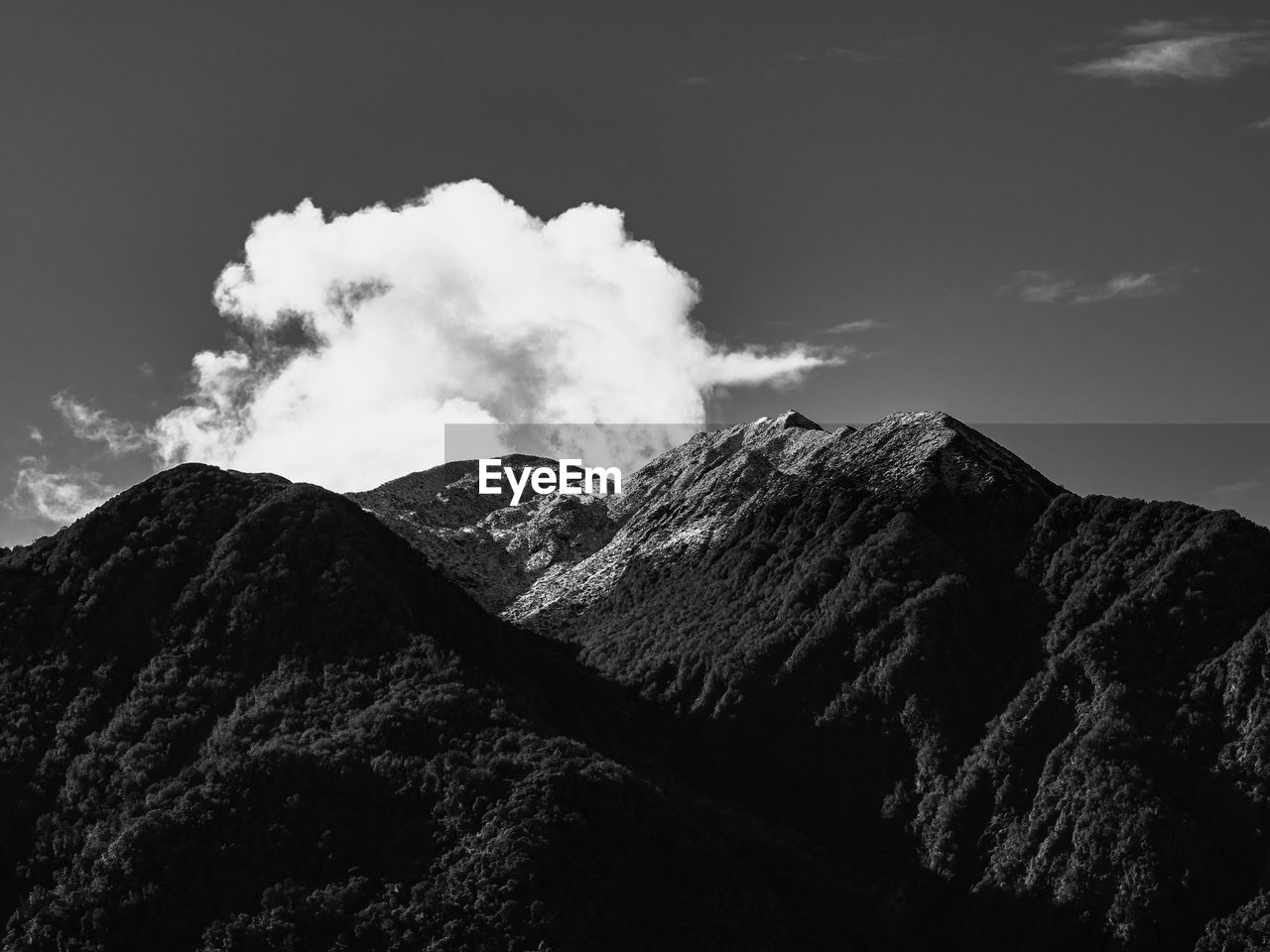 mountain, sky, cloud, environment, black and white, monochrome, scenics - nature, beauty in nature, snow, landscape, monochrome photography, mountain range, nature, mountain peak, no people, land, geology, volcano, outdoors, non-urban scene, travel, darkness, travel destinations, smoke, snowcapped mountain