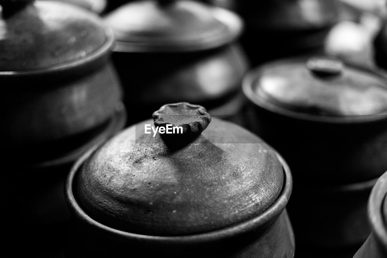 Hand made clay pot in display.