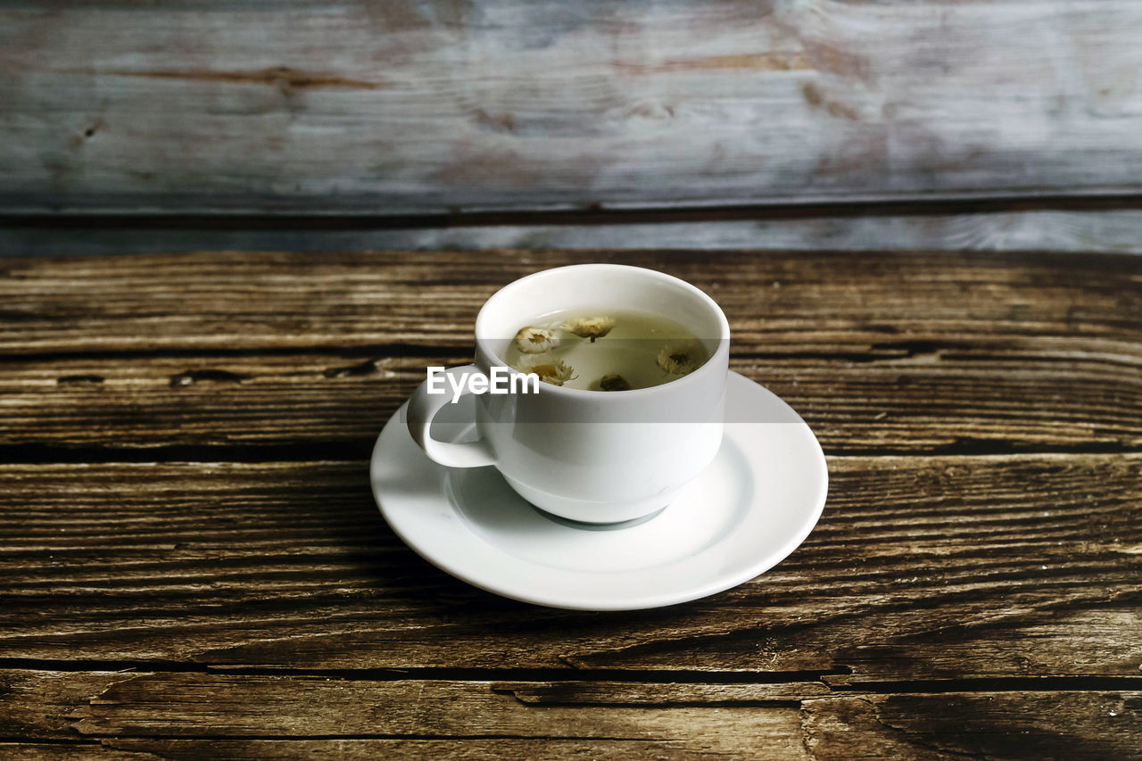 HIGH ANGLE VIEW OF COFFEE CUP WITH TEA ON TABLE