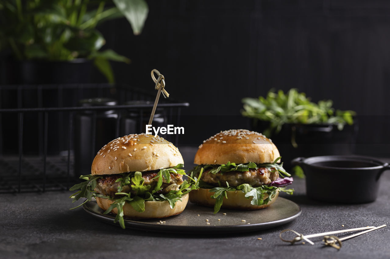 food and drink, food, hamburger, fast food, sandwich, lettuce, vegetable, unhealthy eating, freshness, baked, meal, bun, green, no people, bread, black background, dish, meat, studio shot, seed, cheese, indoors, tomato, herb, salad, sesame, snack, fruit, onion, plate, dark, condiment