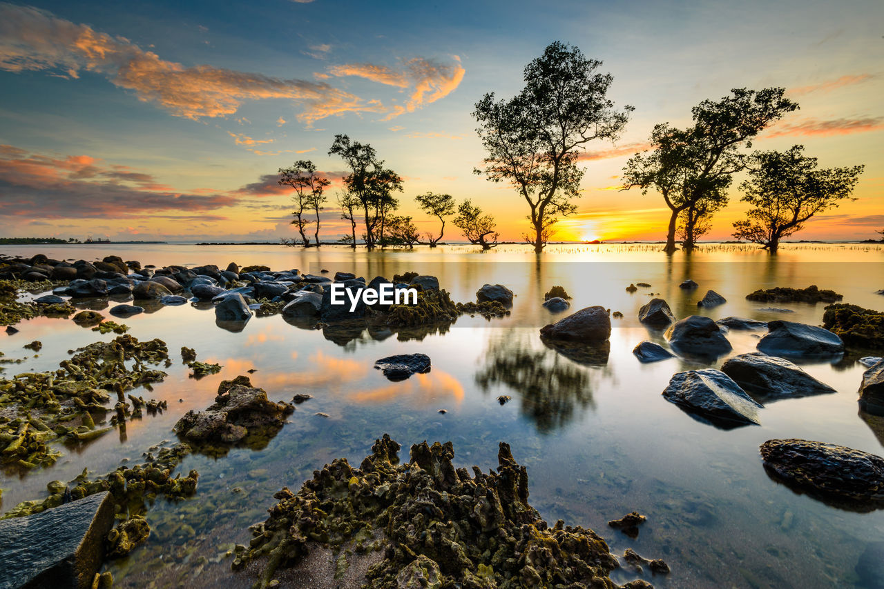 Scenic view of lake against sky during sunset