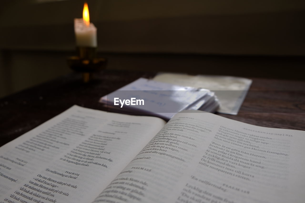 Close-up of open book on table