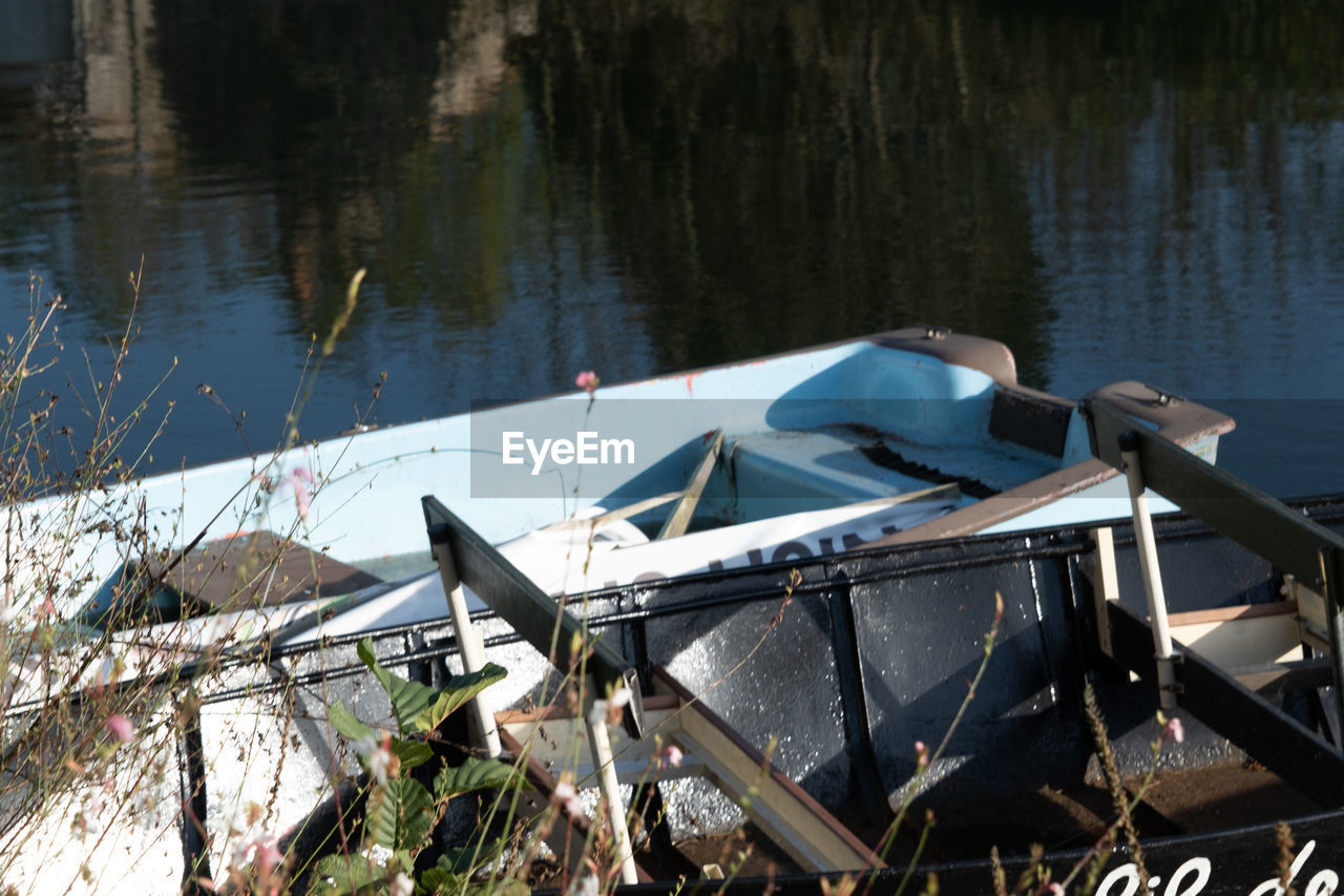 water, nautical vessel, lake, nature, no people, day, vehicle, transportation, mode of transportation, boat, moored, plant, outdoors, tranquility, abandoned, dock, wood, tree