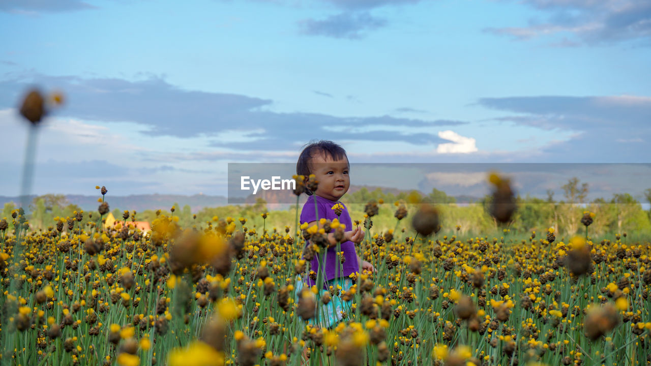 Cute girl standing amidst yellow flowering plants