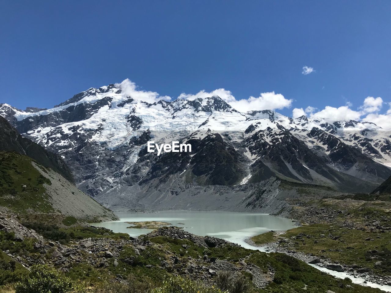 Scenic view of snowcapped mountains against blue sky