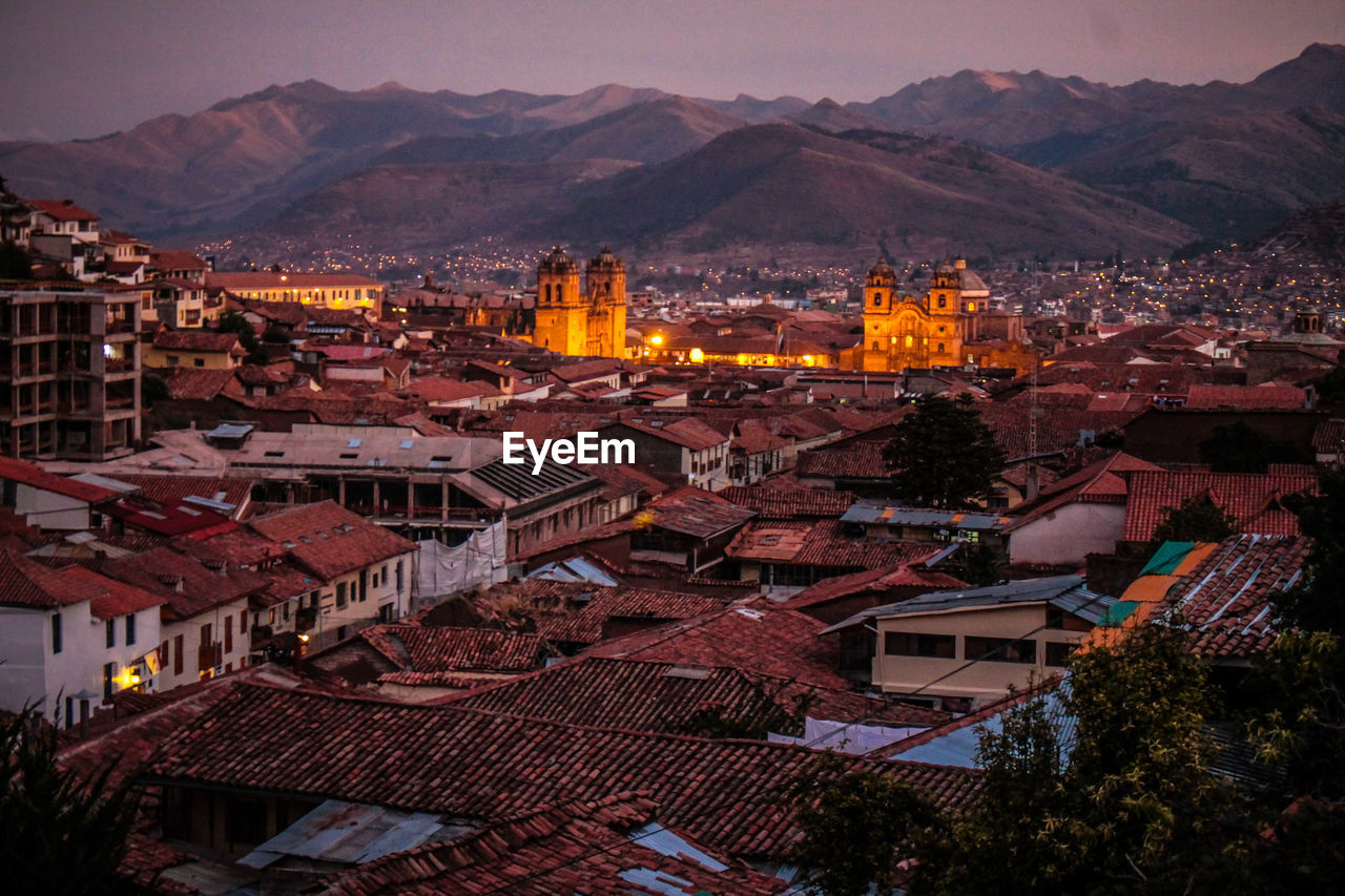 High angle view of town at night