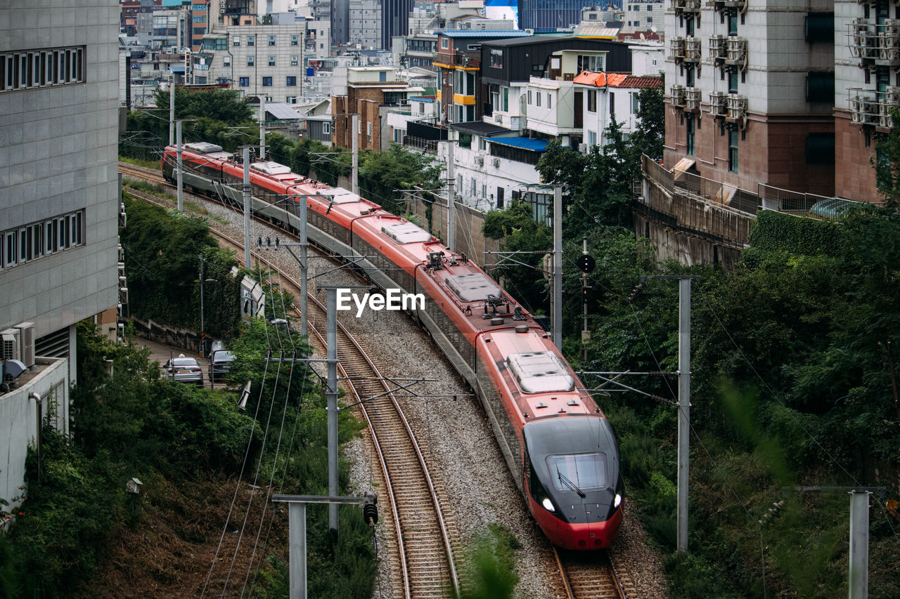 High angle view of train in city