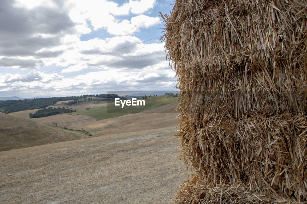 HAY BALES ON FIELD BY FARM AGAINST SKY