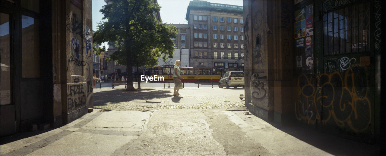 STREET AMIDST BUILDINGS AND TREES IN CITY