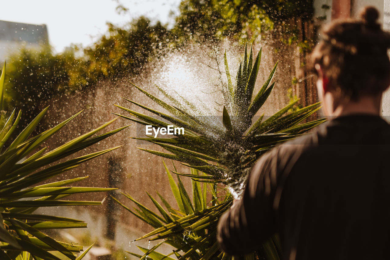 Rear view of person watering plants in yard