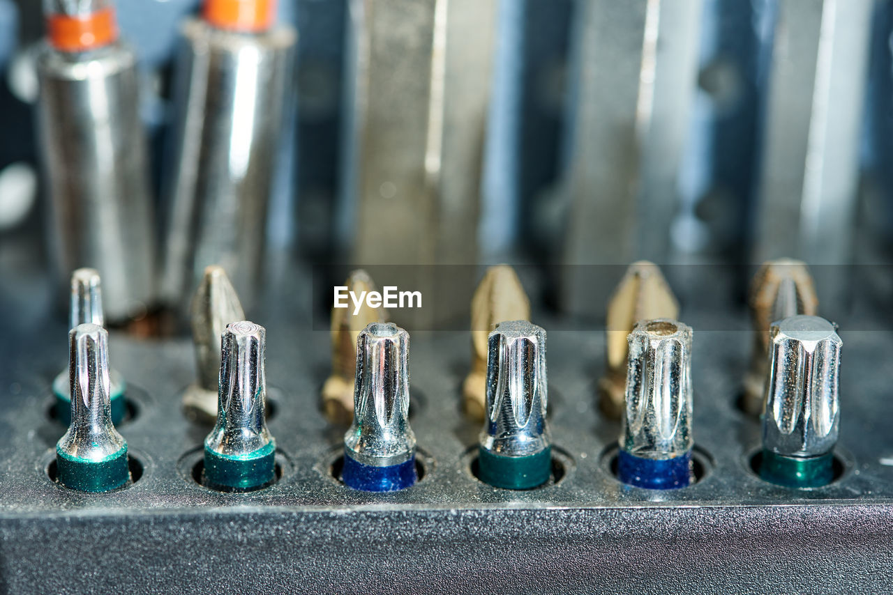 Close up of a set of different types of screwdriver bits