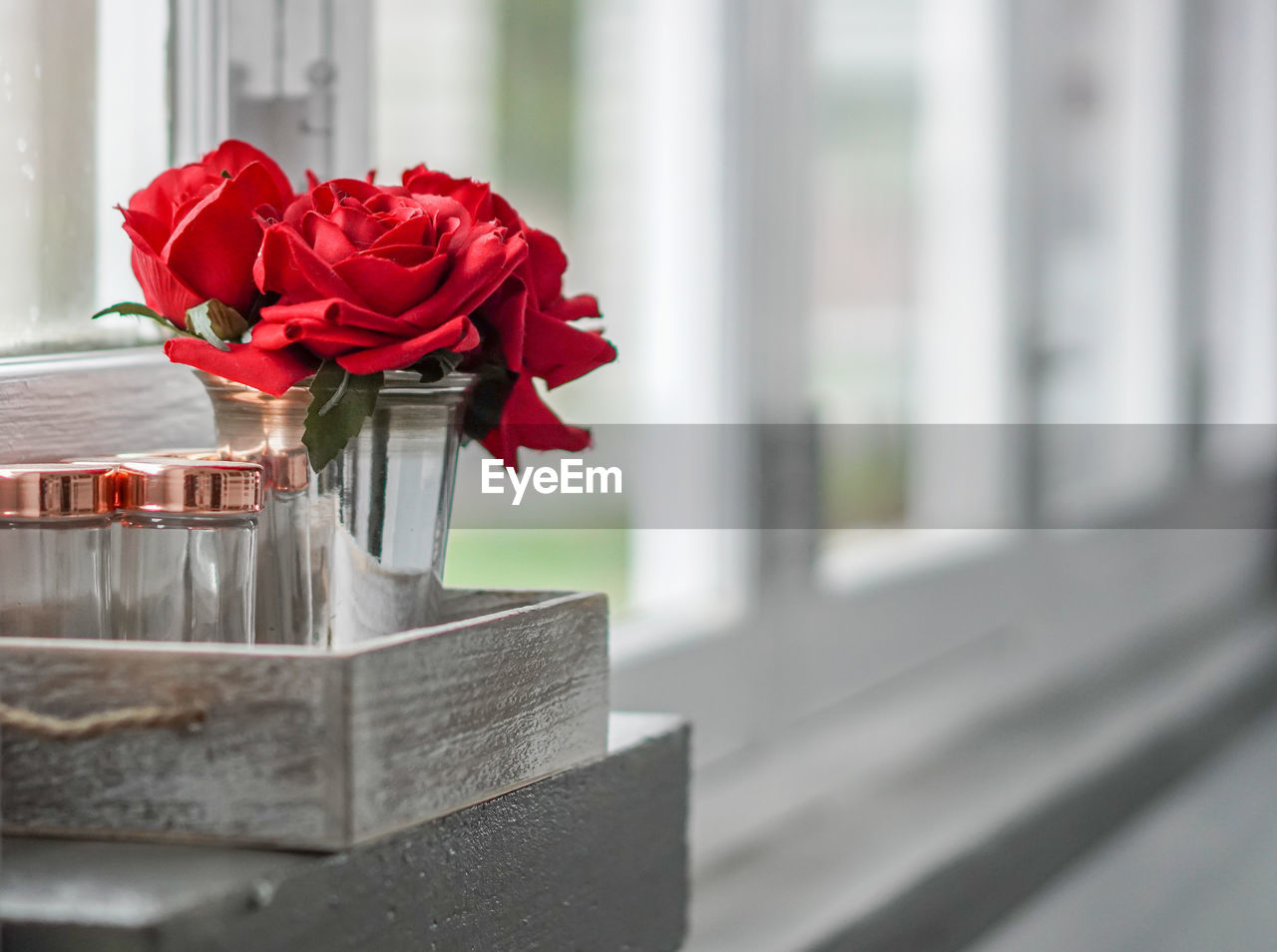 CLOSE-UP OF RED ROSE ON TABLE AT WINDOW