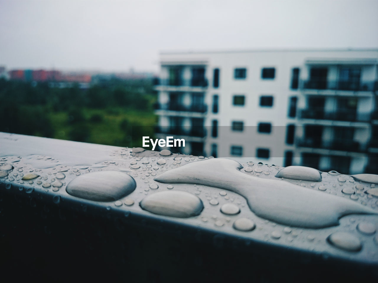 Close-up of water drops on railing