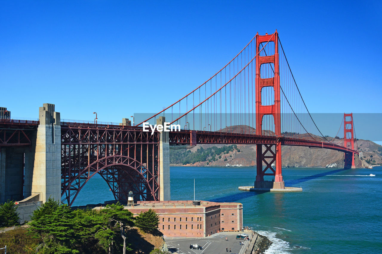 View of fort point and the golden gate bridge under clear blue skies in san francisco, california