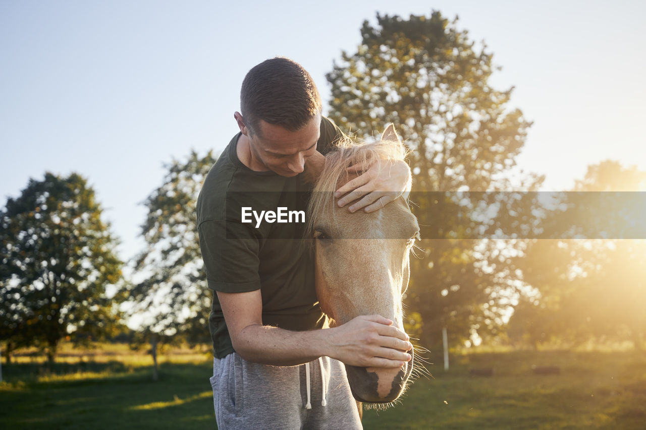 Man is embracing of therapy horse on meadow at sunset. 