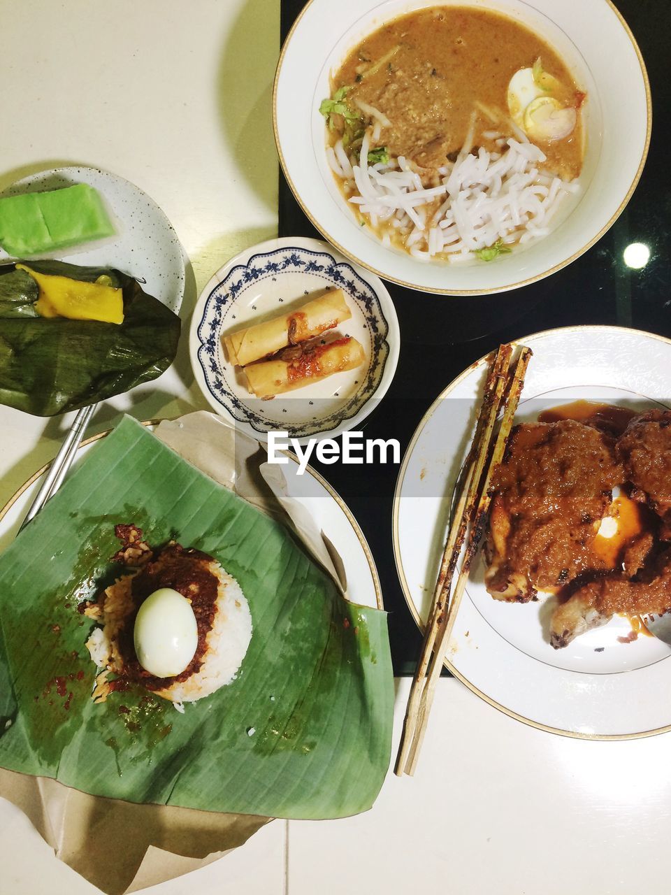 High angle view of food served on table