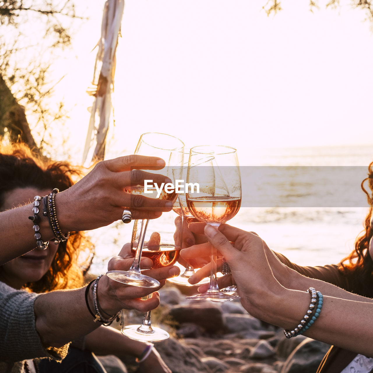 Close-up of friends toasting wineglasses at beach against clear sky