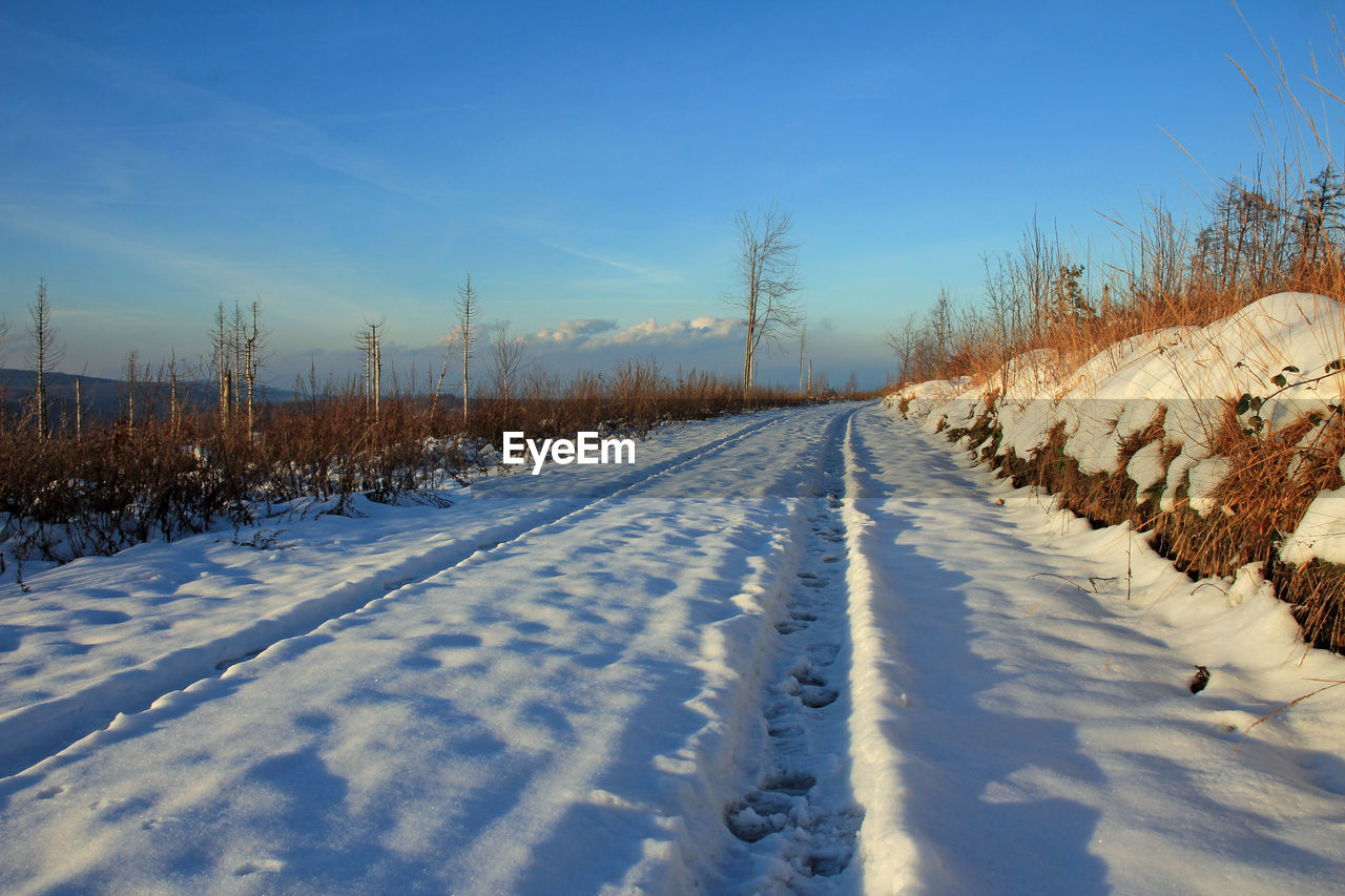 winter, snow, cold temperature, sky, nature, landscape, environment, plant, scenics - nature, tree, beauty in nature, no people, white, blue, land, tranquility, tranquil scene, frozen, freezing, non-urban scene, day, sunlight, road, the way forward, field, outdoors, mountain, clear sky, frost, diminishing perspective, covering, transportation, deep snow, rural scene