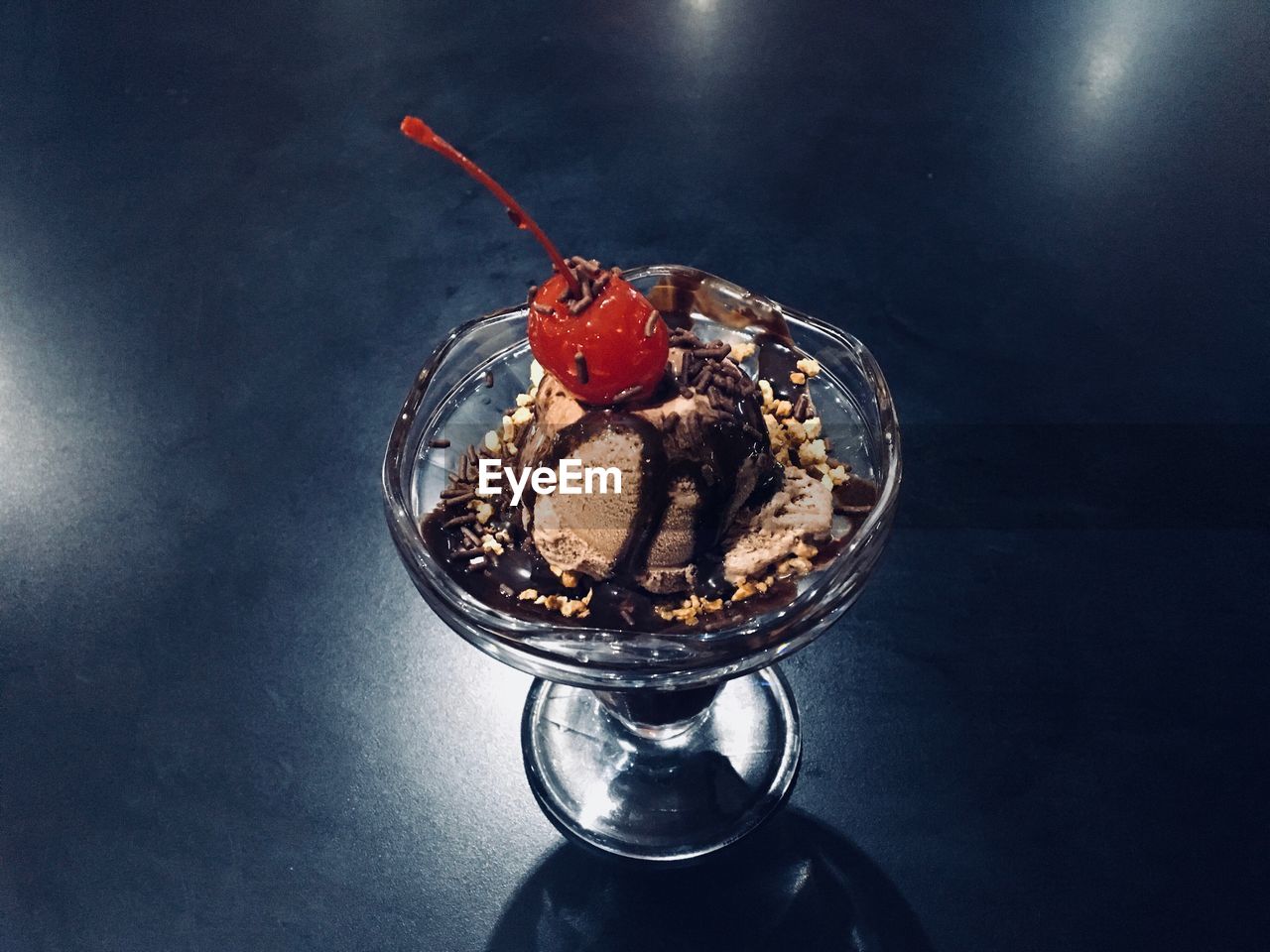 High angle view of dessert in glass on table