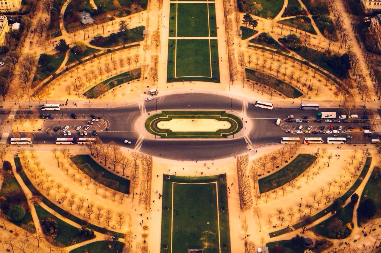 Aerial view of city streets and parks