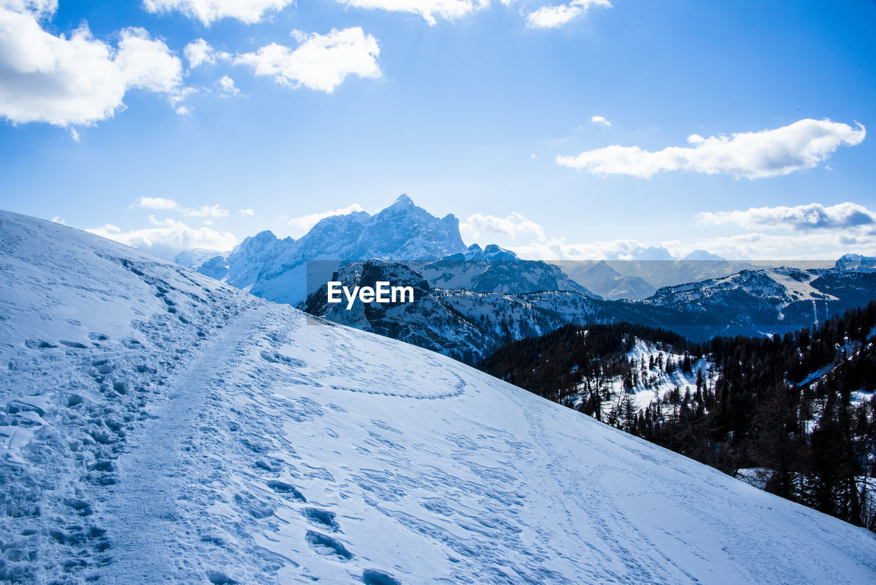 Scenic view of snowcapped mountains against sky