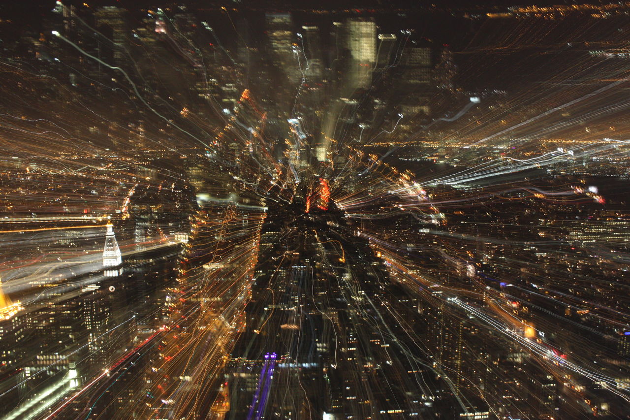 Blurred aerial view of city at night